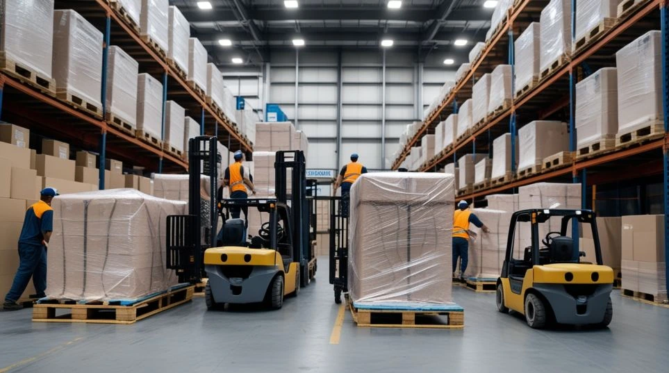Men placing bulk units into a secure storage facility in Dubai