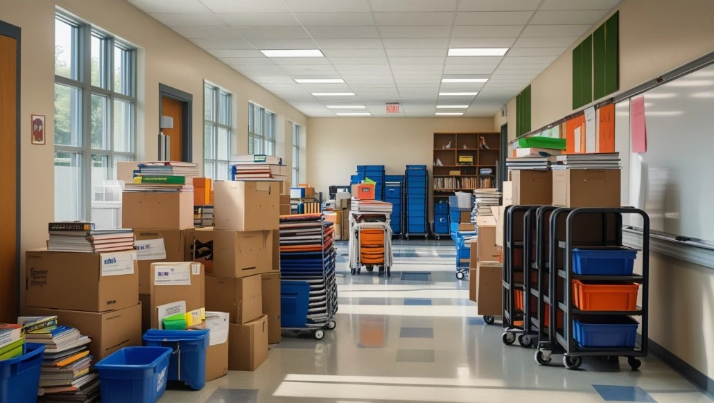 Packed Boxes in School Corridor