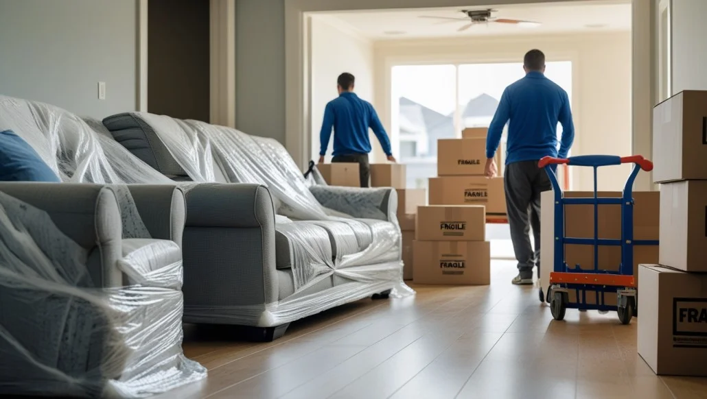 Two man packing furniture in a living room during a move
