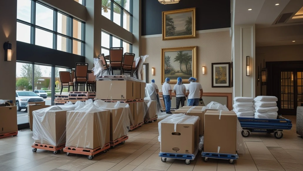 Professional movers unloading furniture into a hotel