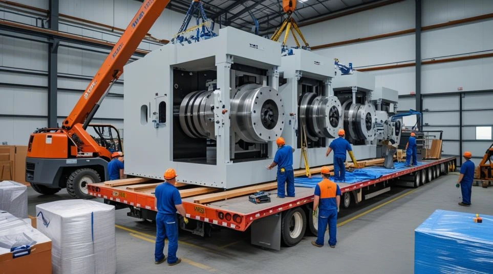 Heavy machinery being loaded onto a moving truck for transportation