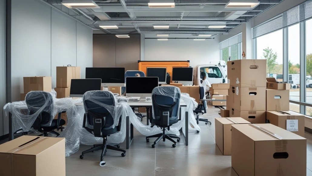 Office furniture being packed for relocation by Easy Movers in Dubai